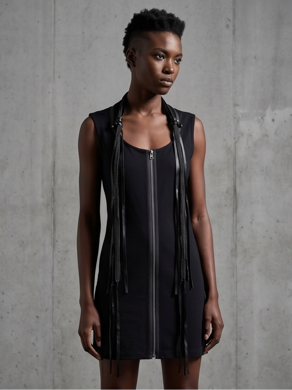 Black Zipper-Front Chain and Leather Collar Sleeveless Dress by Sheri Bodell